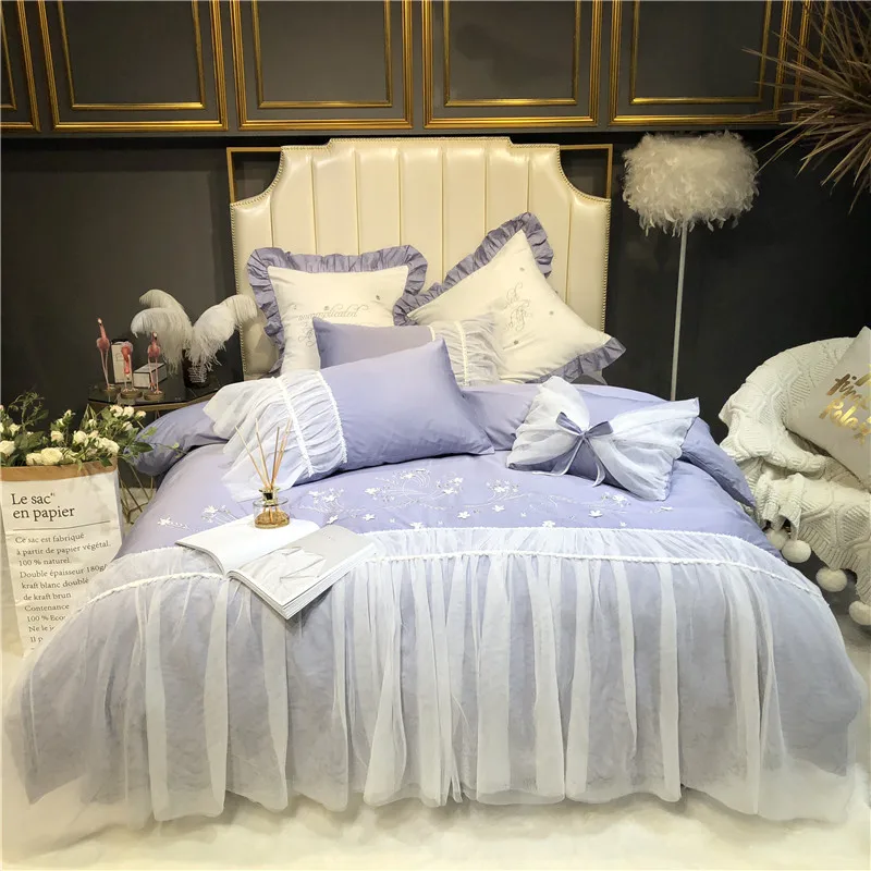 Египетский Хлопок Белый Синий пододеяльник простыня роскошный комплект