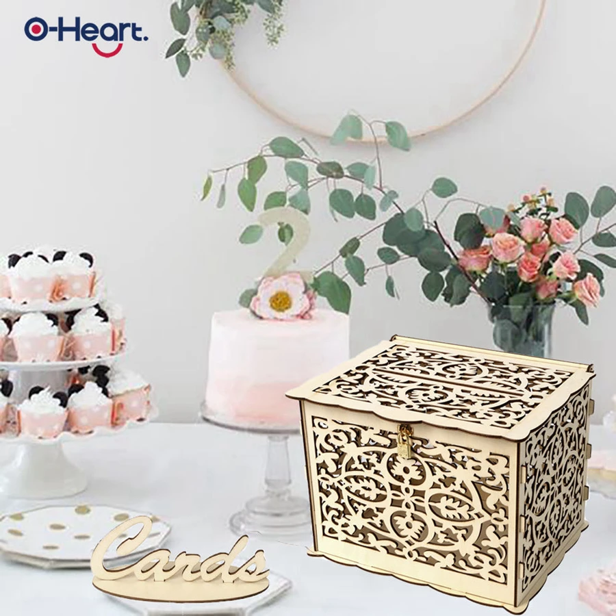 OHEART Diy коробка для приглашения на свадьбу деревянная деревенская Подарочная коробка с замком коробка для денег полые сердца в форме коробка подарочной карточки и карты знак на день рождения
