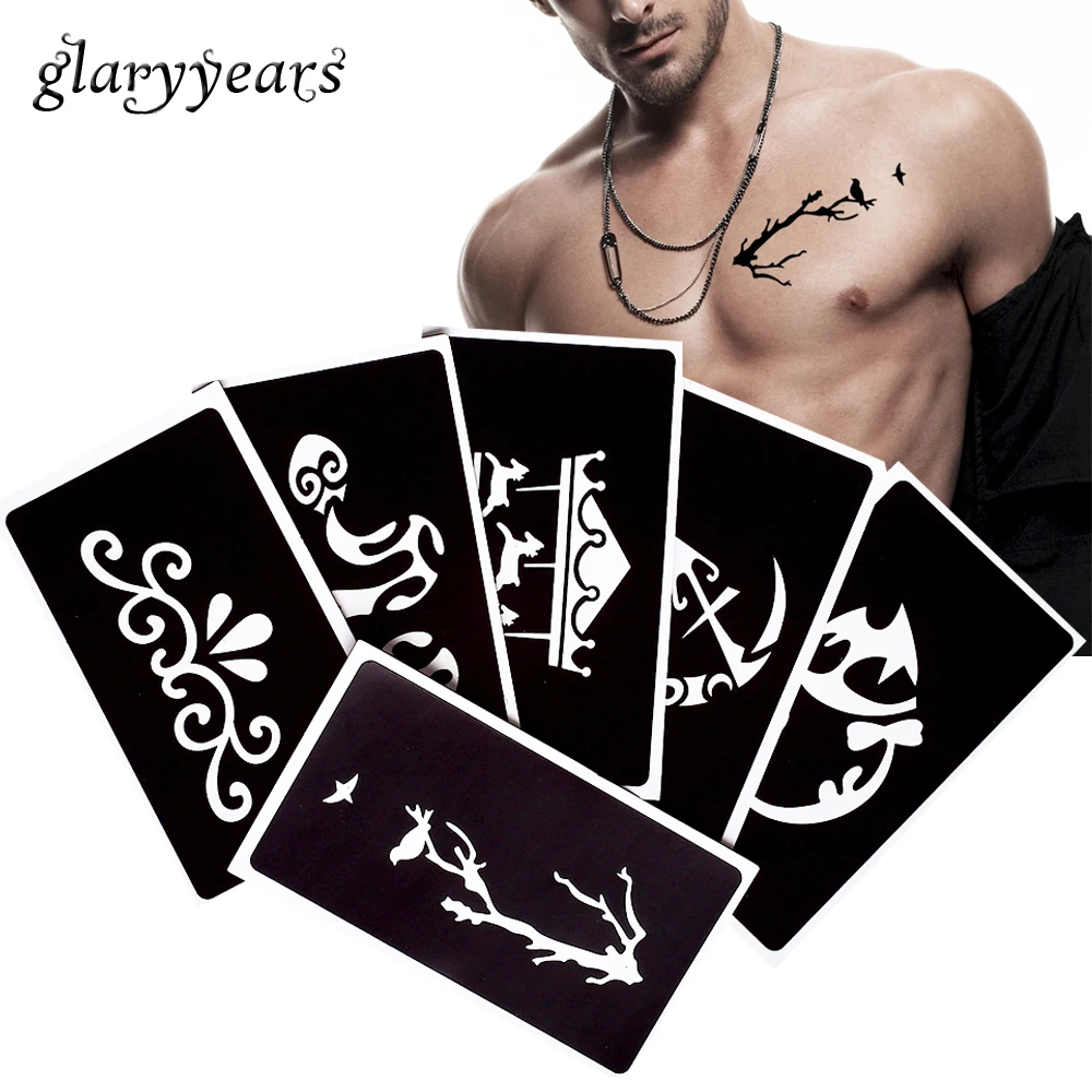 [Glaryyears] 6 листов, хна, трафарет для татуировок, шаблон, цветок, Змеиный дизайн, для покраски тела, трафареты для татуировок, для женщин, мужчин, грудь, искусство G#32