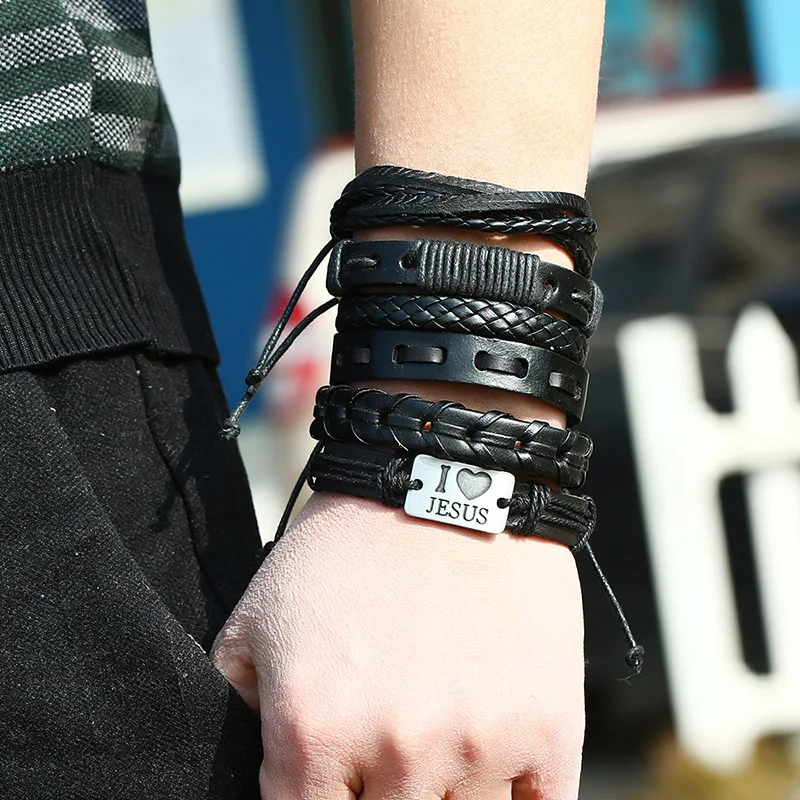 Новые 6 шт./партия винтажные панк любовь Иисус очарование черные кожаные плетеные