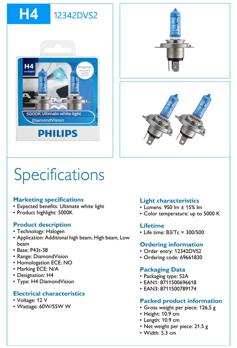 Philips H1 H4 H7 H8 HB3 HB4 9003 9005 9006 12V Diamond Vision 5000K автомобильный галогенный головной светильник, противотуманная фара, супер ксеноновый белый светильник, пара
