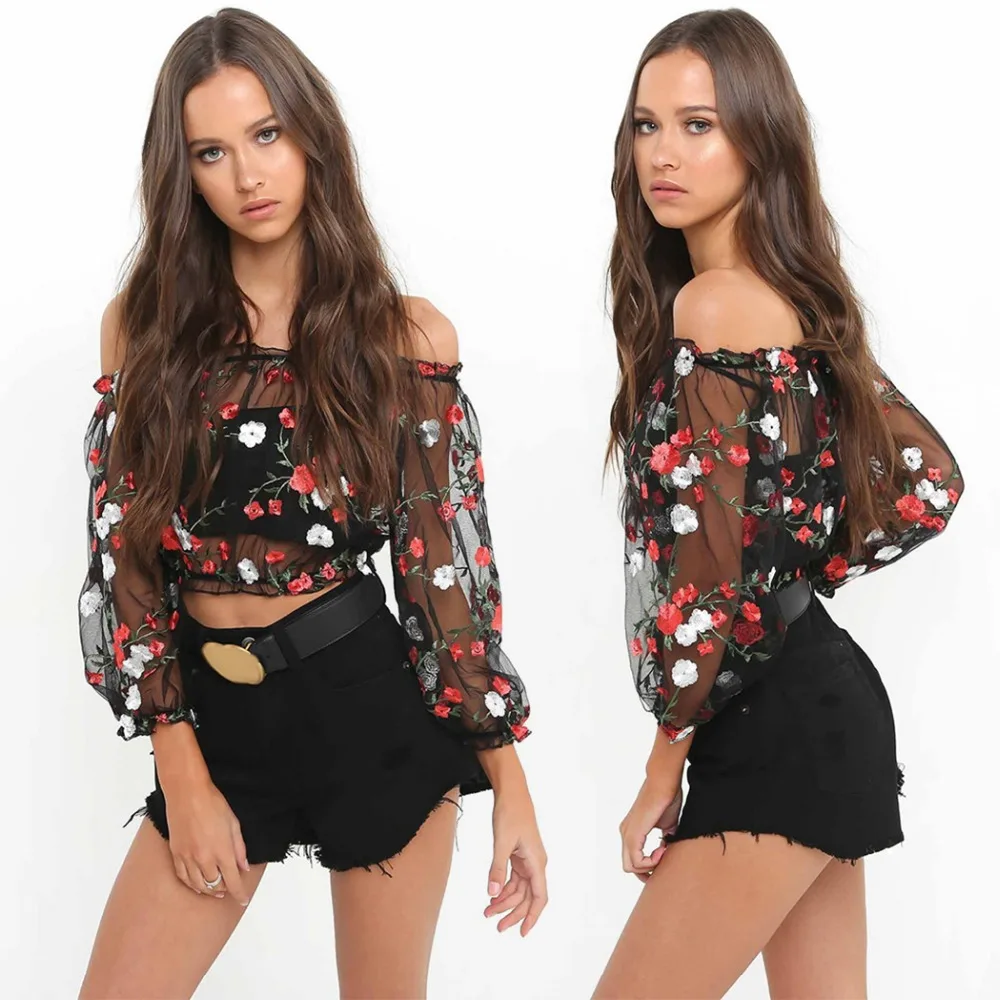 Пикантные Для женщин Топы корректирующие сетки с открытыми плечами цветочный