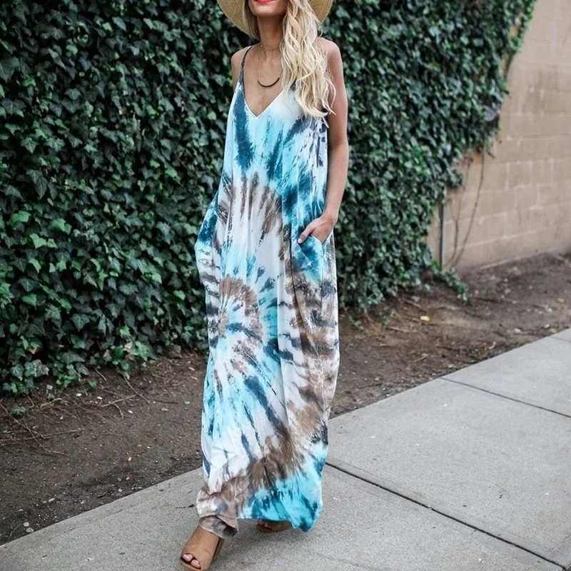 Для женщин модные пикантные Спагетти ремень Tye Dye хиппи шик длинное платье миди