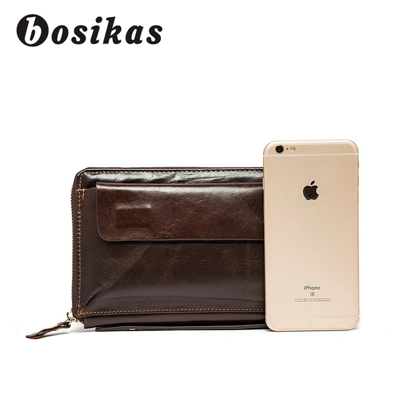 BOSIKAS мужской кожаный клип для денег на молнии длинный телефон кошелек из