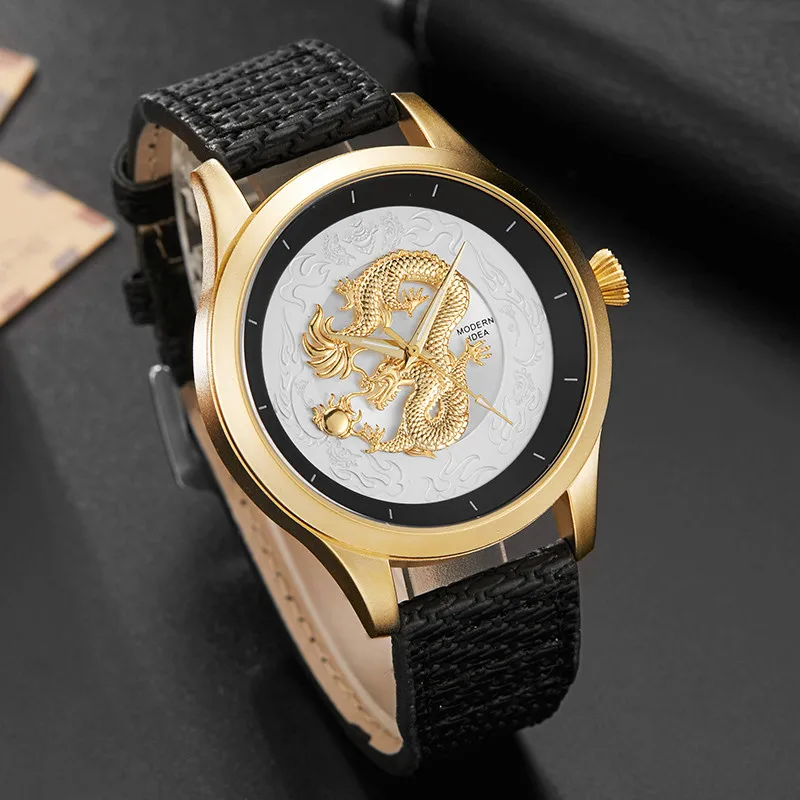Модные Лидирующий бренд Мужские часы золотой дракон 3D скульптурный циферблат