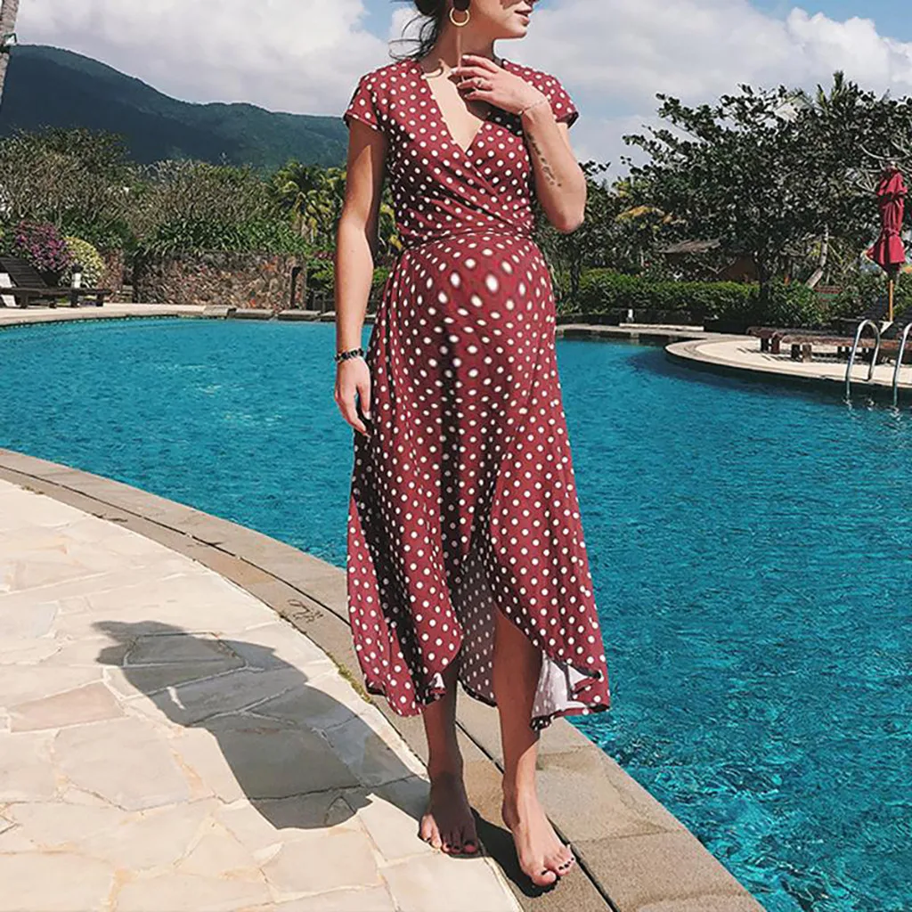 Женское платье с принтом в горошек длинное коротким рукавом для беременных лето