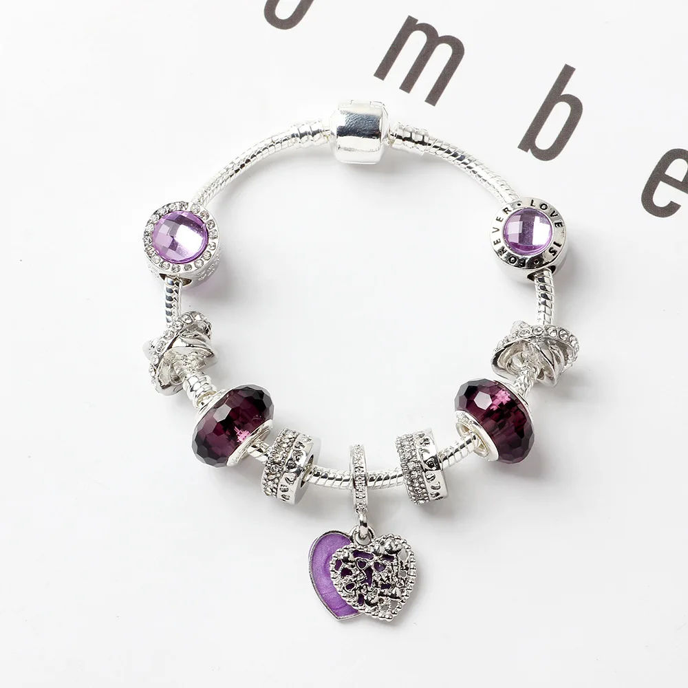 Посеребренный браслет с бусинами Forever Love Family Heart Galaxy Snake Chain базовый