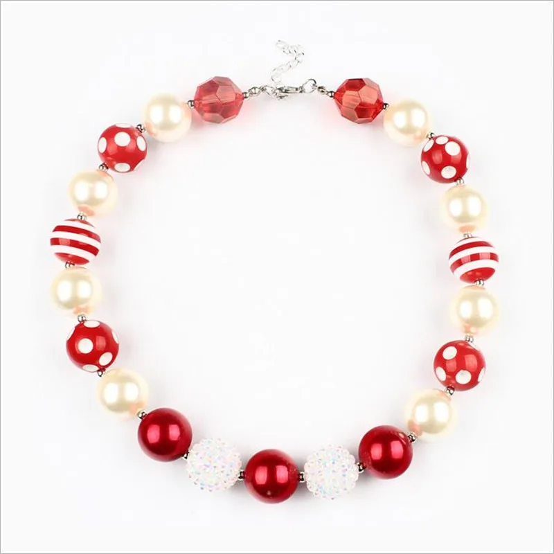 

wholesale 5PCS New Child Red White Beads Big Chunky Bubblegum Necklace For Kids Christmas Holiday Party Gift