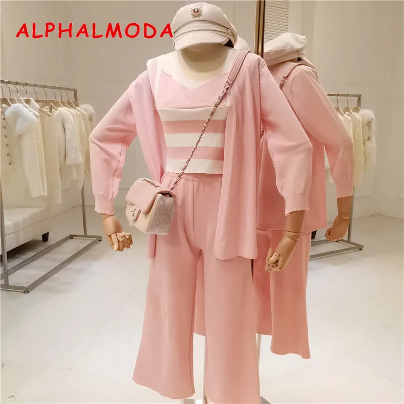 ALPHALMODA женские весенние комплекты полосатый жилет на подтяжках+ тонкий кардиган с длинными рукавами+ широкие брюки 3 предмета вязаный костюм