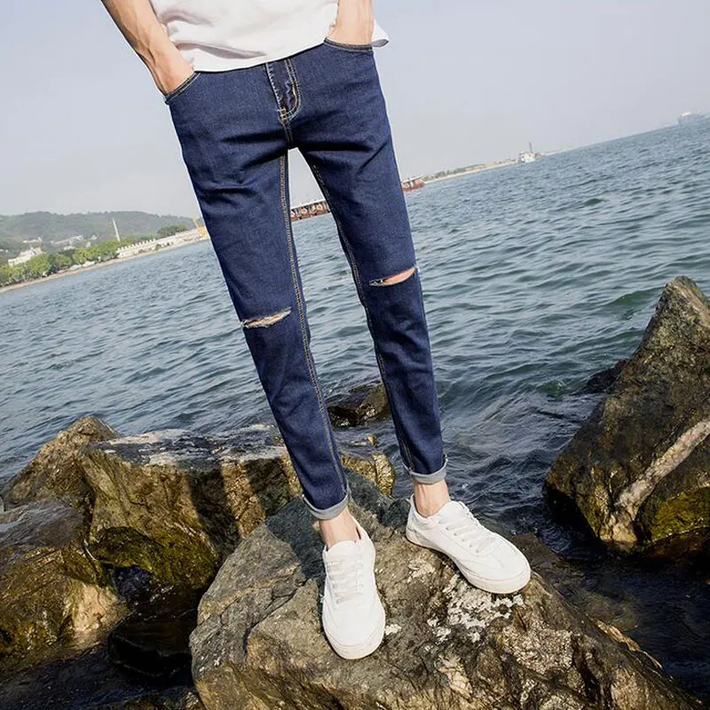 Модные летние рваные джинсы брюки для мужчин Slim Fit Skinny Stretch черные мужские узкие с