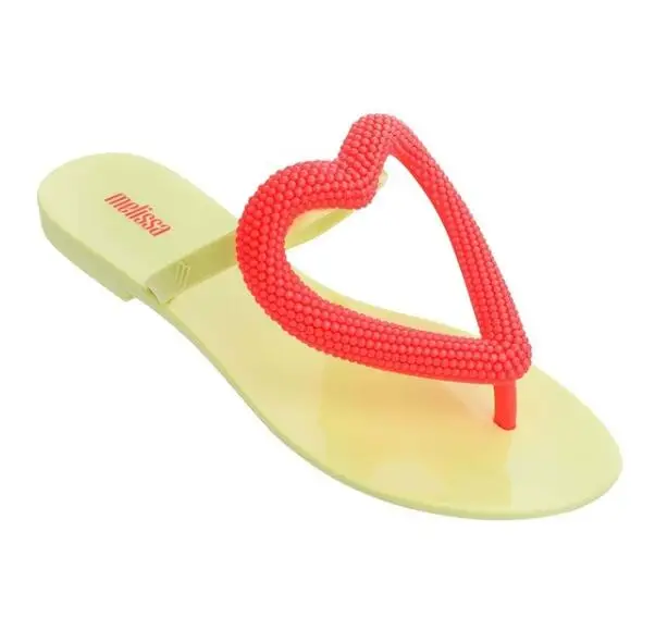 Melissa/обувь в Корейском стиле; Модные женские прозрачные пляжные сандалии; женские флип-флопы на плоской подошве; женские летние шлепанцы с сердечками - Цвет: Цвет: желтый