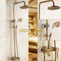 Antique Brass Wall Mounted Mixer Valve Rainfall Shower Faucet Complete Sets + 8" Brass Shower Head + Hand Shower + Hose YT-5326