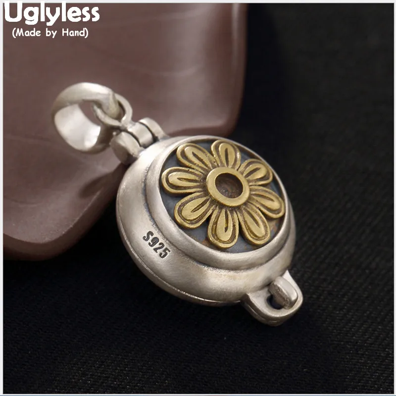 

Uglyless Real 925 Sterling Thai Silver Handmade Engraved Sunflower Gaudencio Box Pendant without Necklace Openable Unisex Bijoux