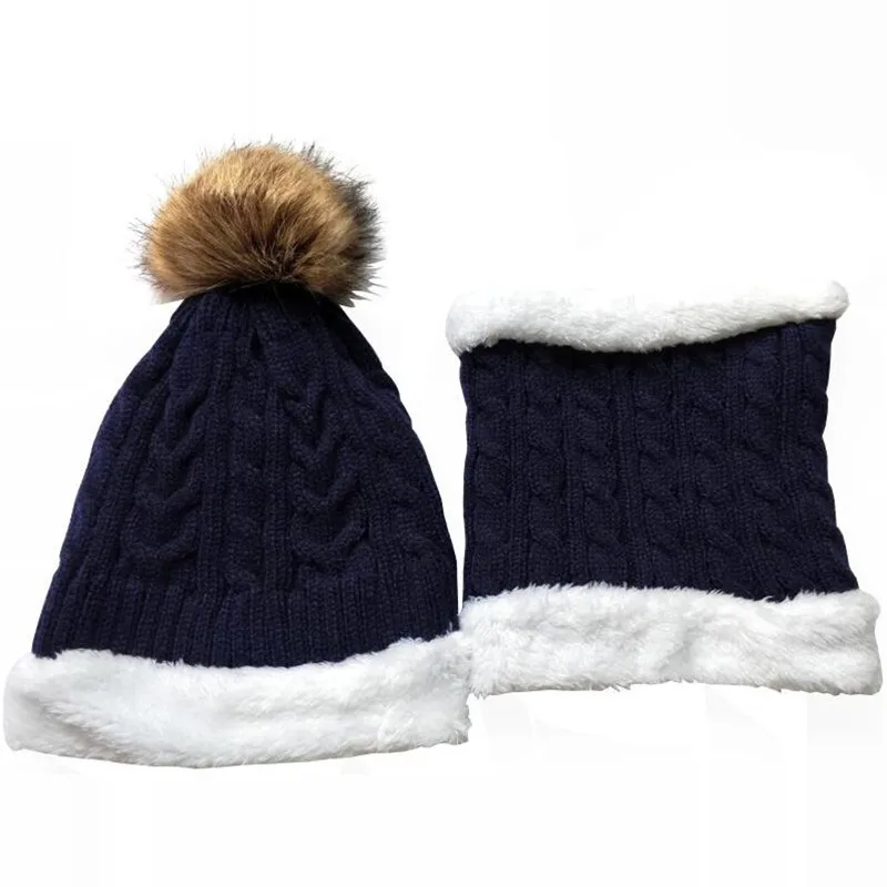 navy blue Новые модные детские шапки для девочек, детская шапка для мальчиков, бархатная осенне-зимняя шапка для девочек с помпоном, набор из шапки и шарфа - Цвет: navy blue