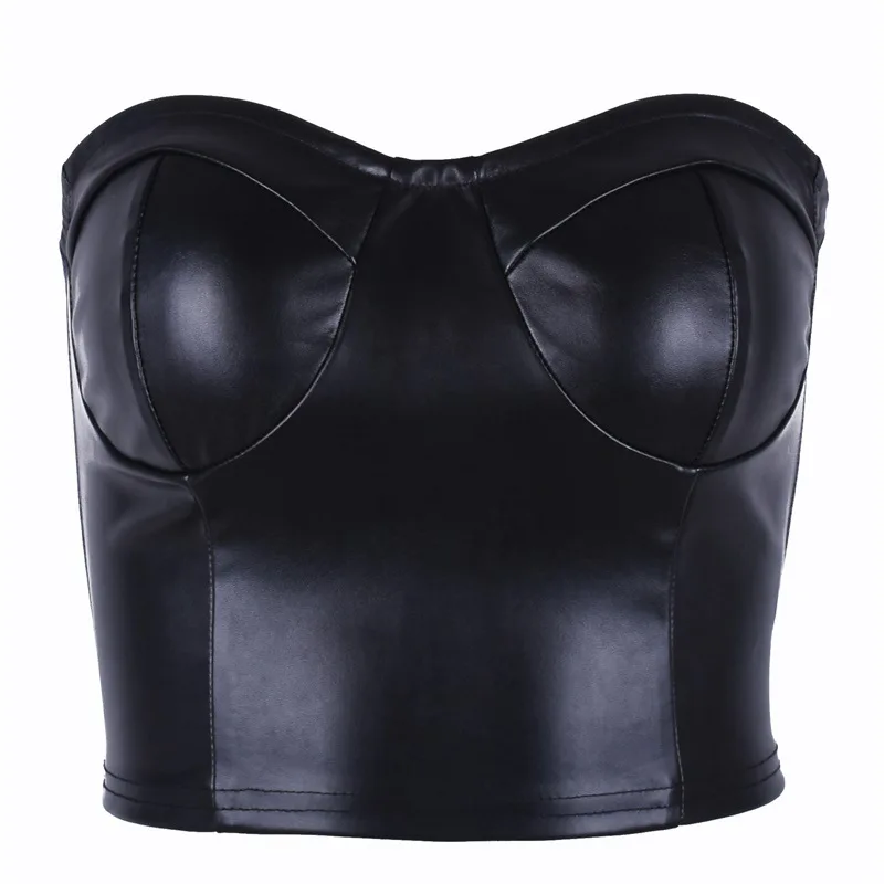 Женский черный Искусственная кожа без бретелек Cami Топы уличной Базовая футболка
