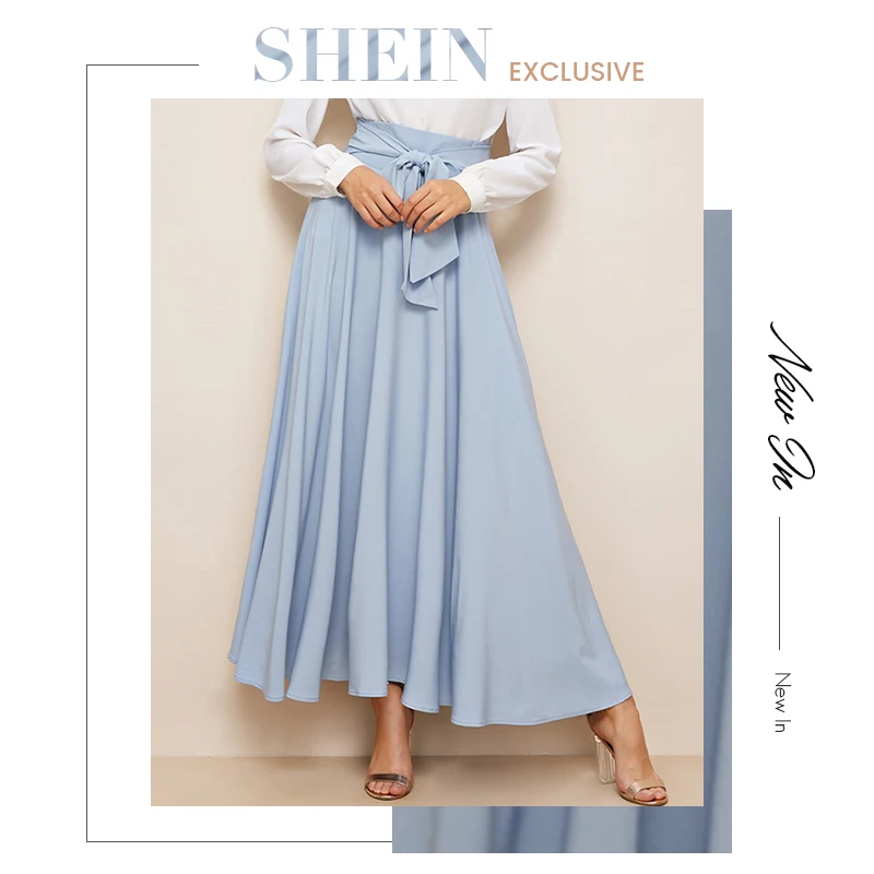 SHEIN Женская юбка макси с бантом и широким поясом, летняя юбка с высокой талией,, элегантная синяя Однотонная юбка трапециевидной формы на молнии с поясом