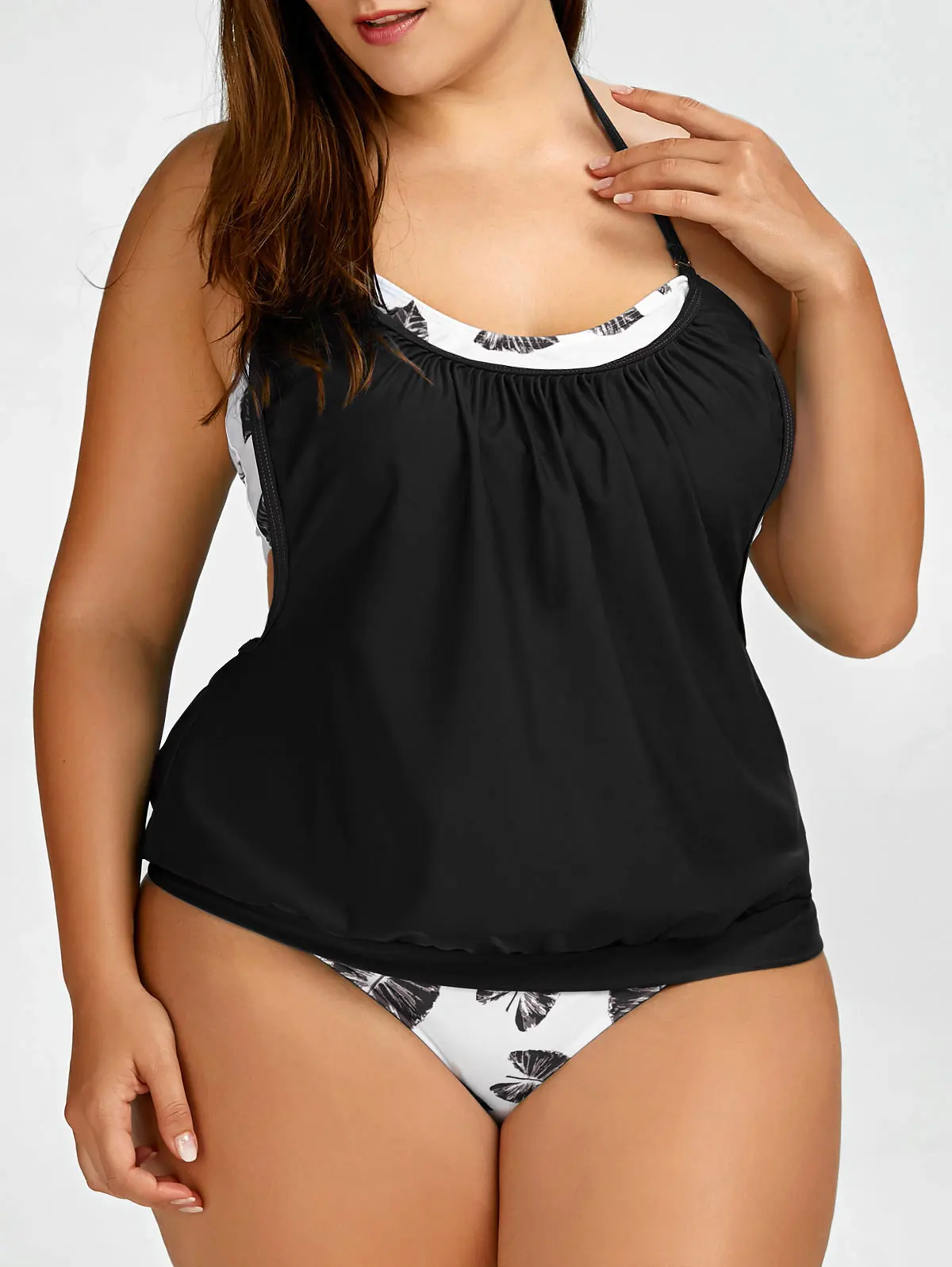 Black Bikini Rosegal, тропический, размера плюс, Холтер, танкини, сексуальный женский купальник, открытая спина, купальник, большой размер, купальный костюм, короткая майка, топ, пляжная одежда - Цвет: Black Bikini