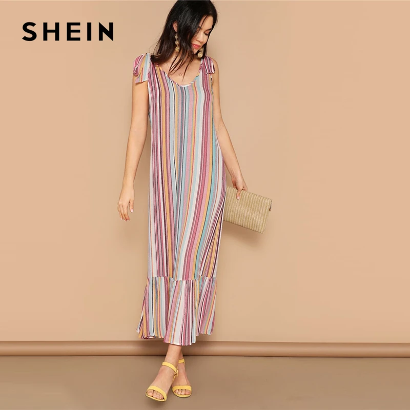 SHEIN Летнее Разноцветное Макси Платье С Круглым Вырезом Без Рукавов Длинное Платье В Полоску