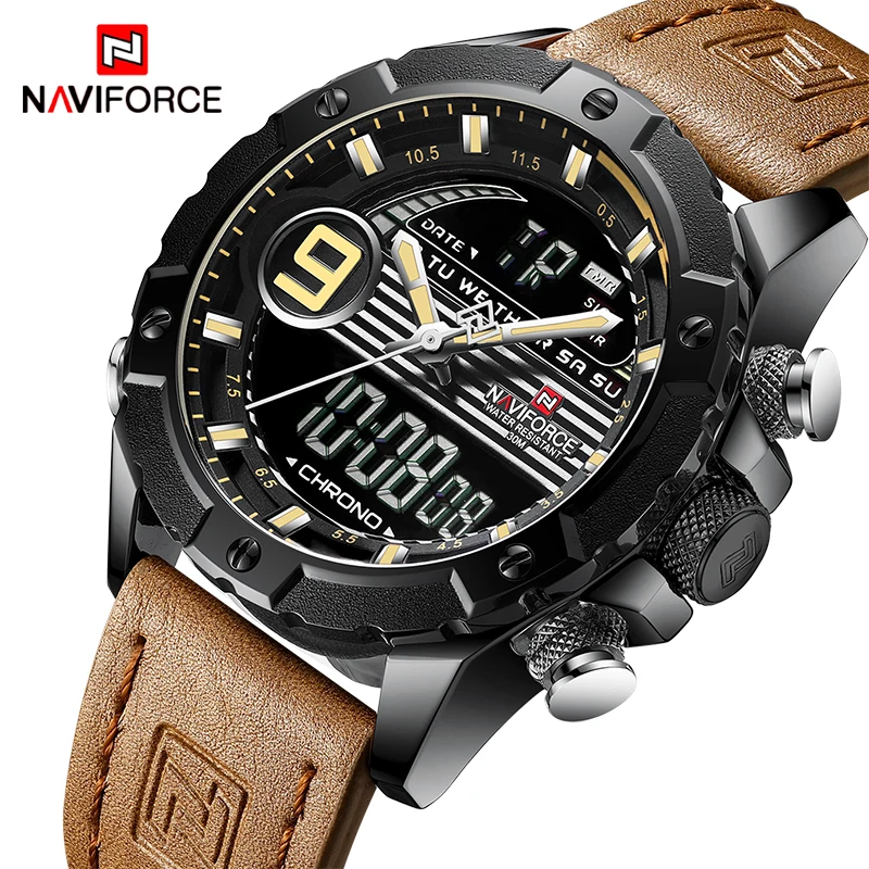 Мужские часы Топ люксовый бренд NAVIFORCE спортивные часы мужские кварцевые цифровые часы мужские модные водонепроницаемые наручные часы с кожаным ремешком