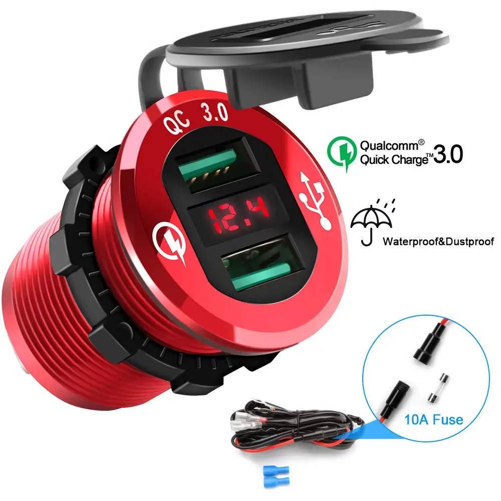 Двойное автомобильное зарядное устройство QC3.0 USB со светодиодным вольтметром для