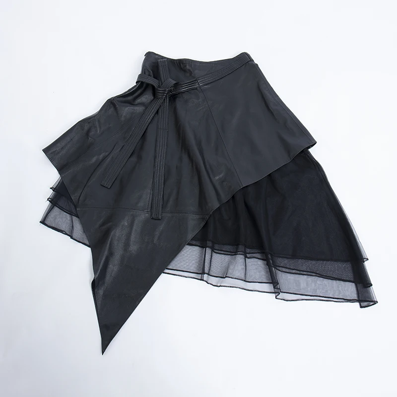 Женская юбка из натуральной овечьей кожи черная бальная длиной до щиколотки