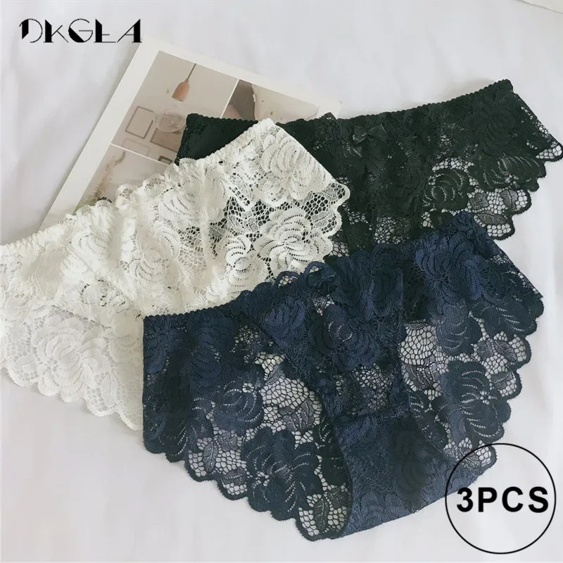 White Black Blue Сексуальные трусики 3 шт. Белый+ черный+ синий кружевное белье плюс размер невысокие трусики прозрачные женские трусы вышивка - Цвет: White Black Blue