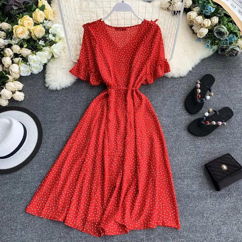 2019 новые модные женские платья Французский Ретро в горошек с v образным вырезом