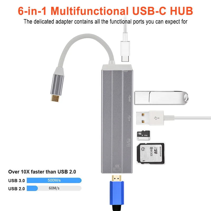 6 In 1 Type C Adapter To HDMI USB2.0 3.0 Multi Function USB-C Converte to SD/TF Hub For Laptop Macbook Samsung Huawei