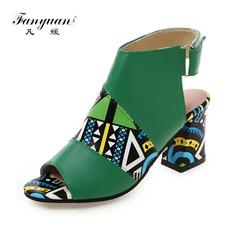 

fanyuan Fashion 2019 Block High Heels sandals Green Yellow Sandals Women Print Ankle Wrap Hook Peep Toe Ladies Summer Shoes