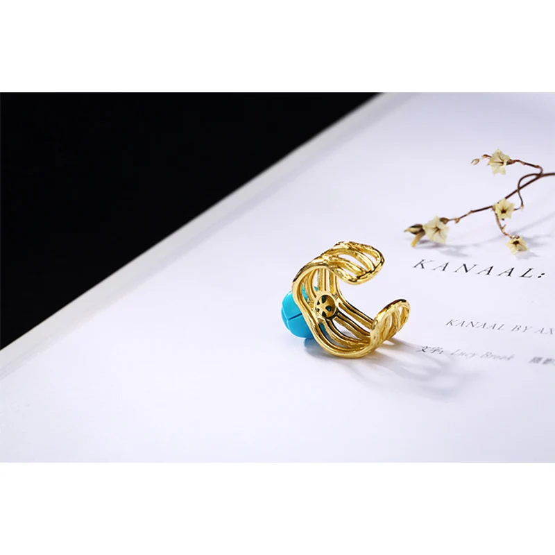 Инкрустация природным камнем Бирюзовый Лотос простое регулируемое кольцо 100%