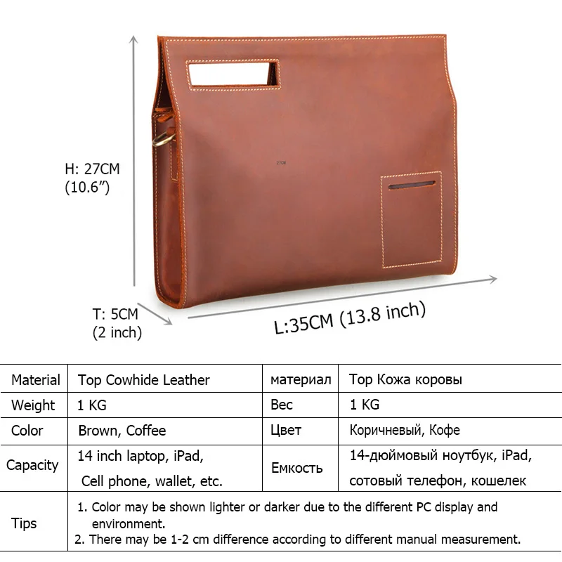 2018 New Retro Genuine Leather Men's Bag Crazy Horse Leather File Briefcase Men Shoulder Messenger Bag Fashion Laptop Handbags