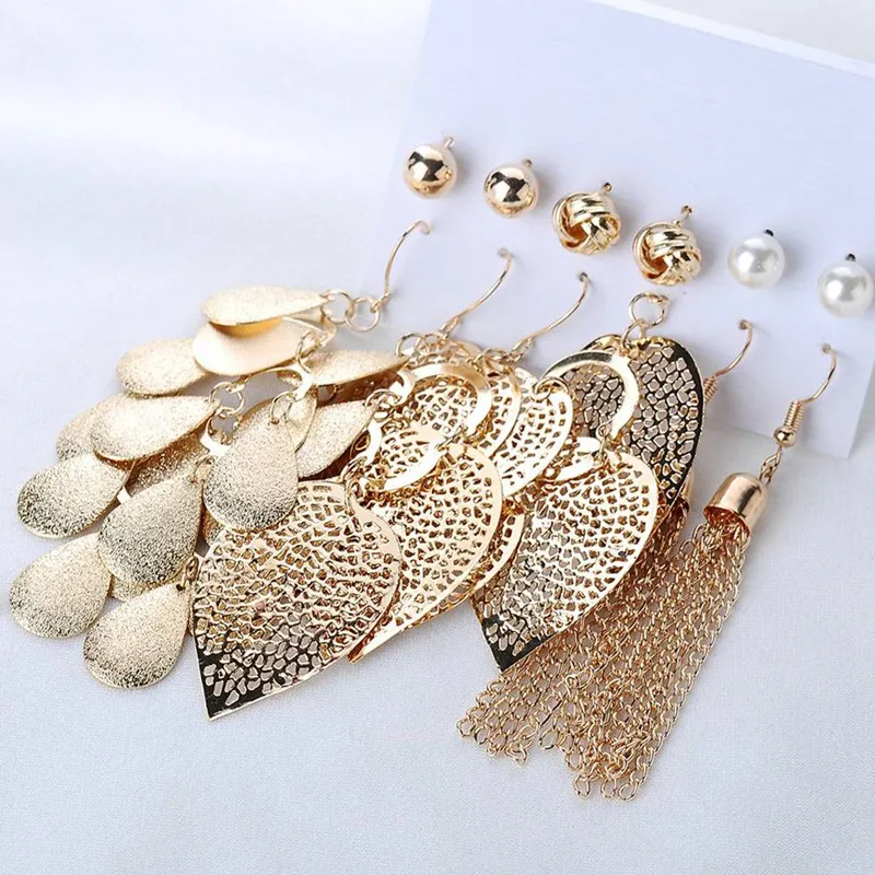 6 Pairs Vintage Leaves Long Tassel Earrings Set Simulated Pearl Stud For Women New Jewelry | Украшения и аксессуары