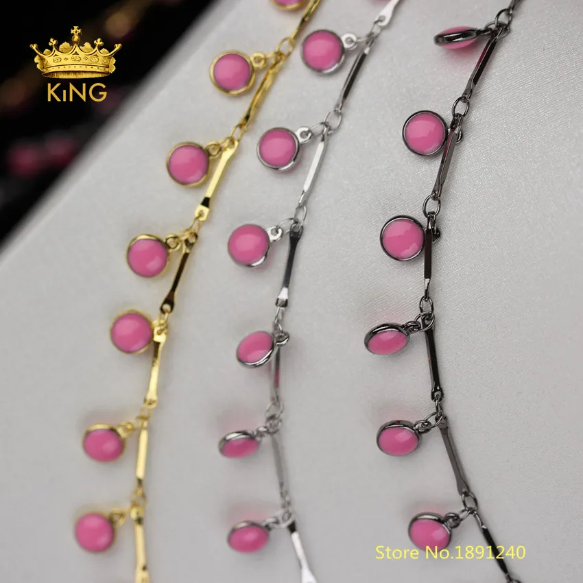 

5Meters Wire Wrapped Pink Enamel Beads Plated Gunmetal/Gold/Silver Copper Links Coin Lampwork Glass Chain Bracelet Finding HX204