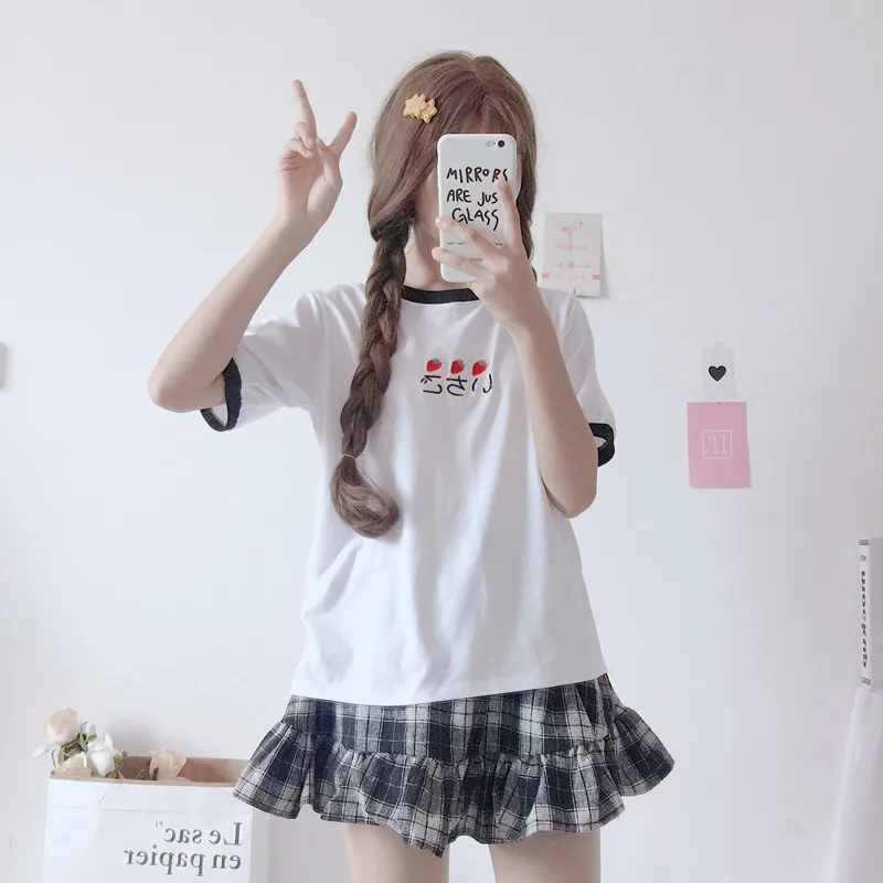 Black Sets Милые Симпатичные клубника с вышивкой для девочек Футболка контраст Цвет короткий рукав студент Топы эластичный пояс плед рюшами мини-юбка - Цвет: Black Sets