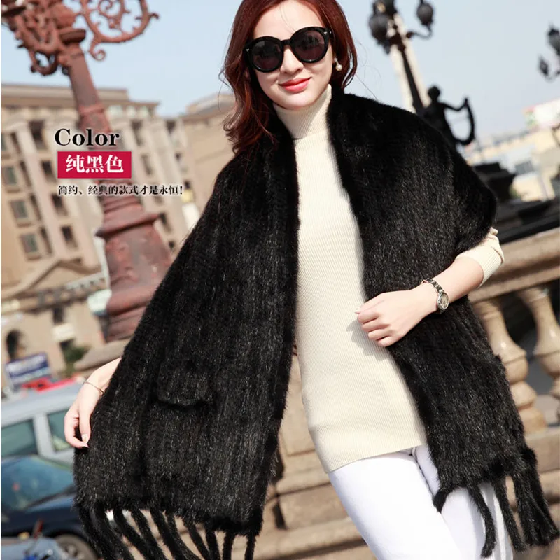 Женский вязаный шарф из натуральной кожи зимний меха норки теплая шаль