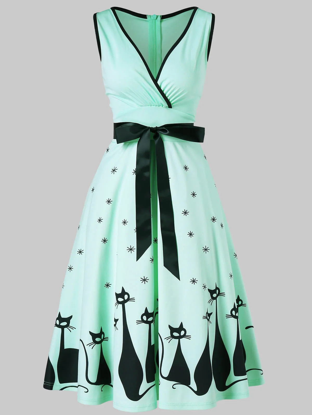 Audrey Hepburn 1960s Party Dress Sexy V Neck Sleeveless Belts Women Retro Cat Print Rockabilly Swing Vestidos Robe | Женская одежда