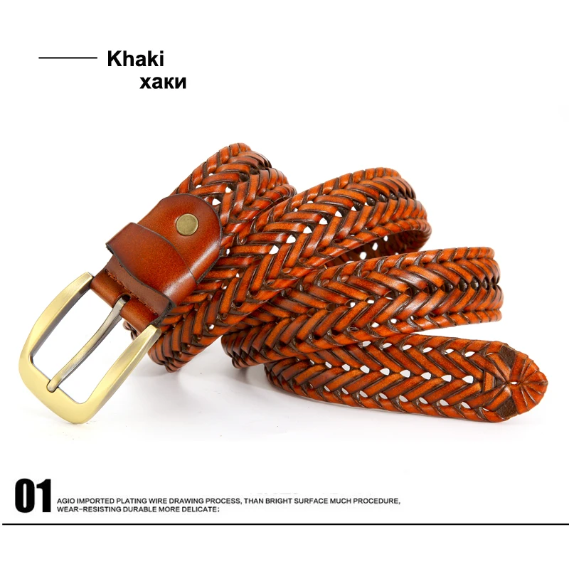 Мужской широкий ремень из натуральной кожи [DWTS] коричневый Плетеный коровьей