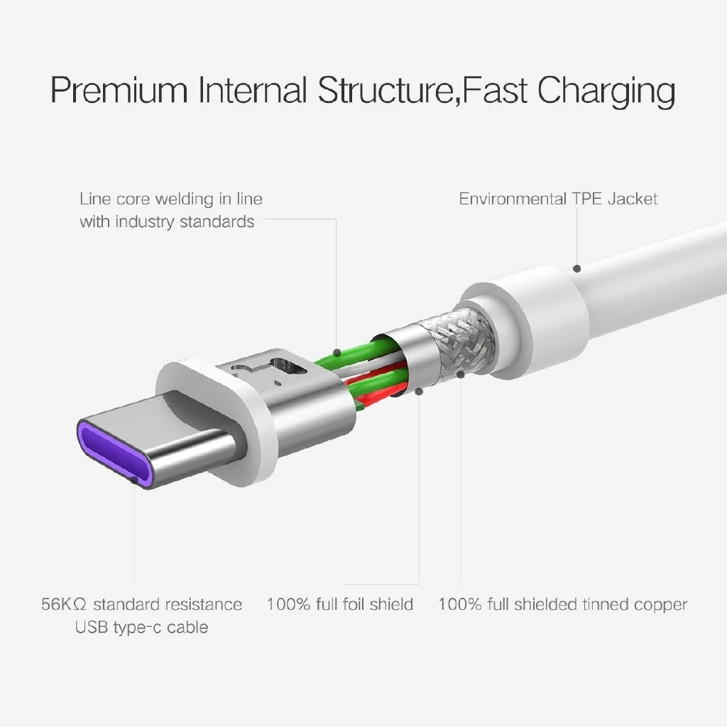 huawei type C кабель 5A Супер USB кабель для передачи данных фиолетовая линия(белый) высокая сила тока Быстрая зарядка многослойная безопасность