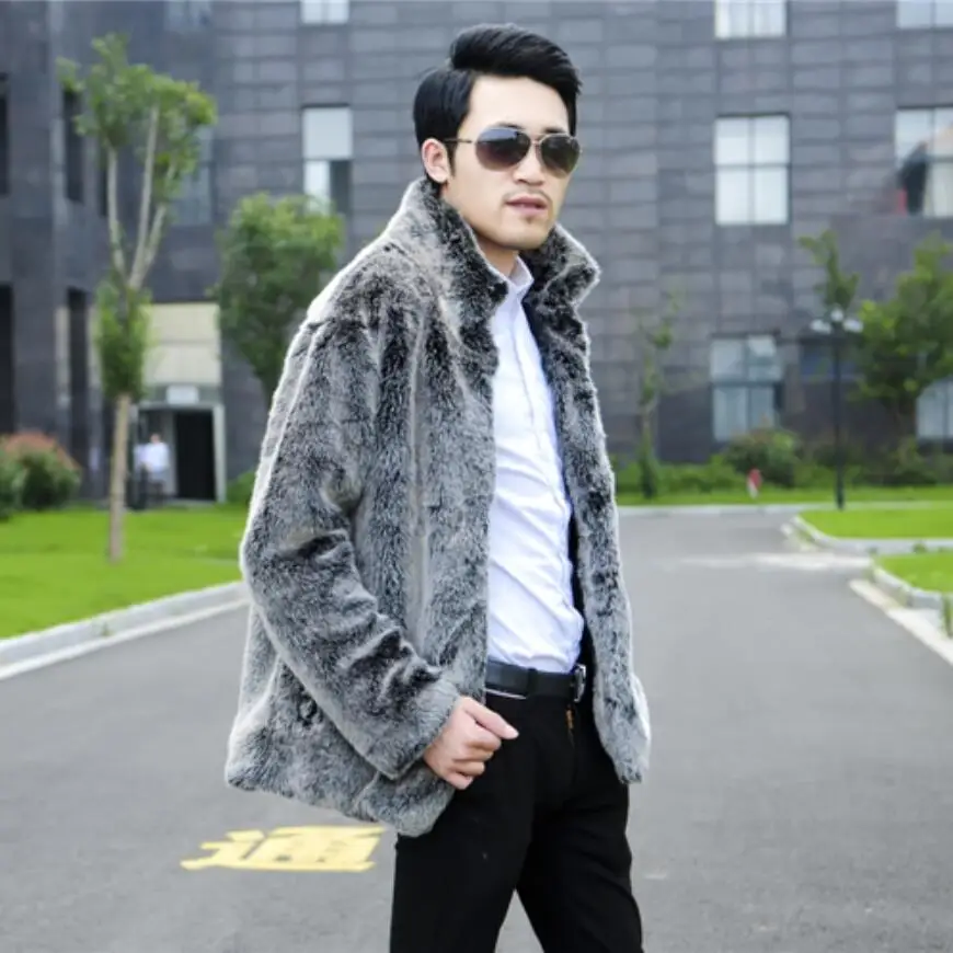 2019 Мужская зимняя пушистая куртка из искусственного меха светло-серая роскошная
