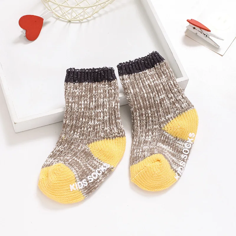 Baby Thicken Cotton Yarn Wool Socks Breathable Warm Middle Tube infant Pure Color Letters Kid Sock Anti-Slip Rubber Bottom | Детская