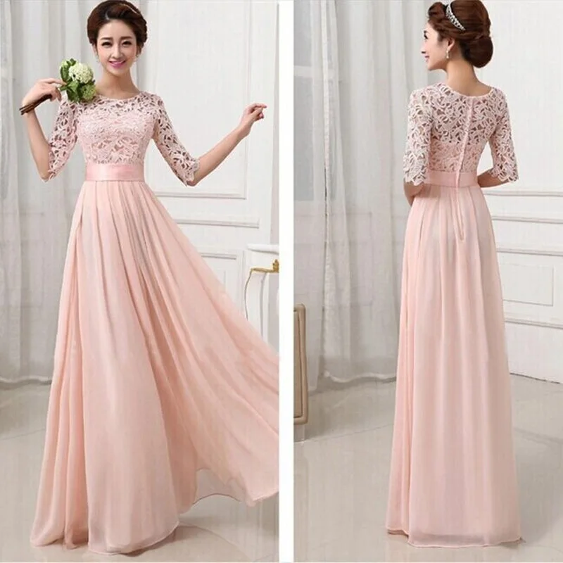 Pink chiffon dress SEBOWEL элегантные шифоновые кружевные плиссированные Длинные вечерние платья для женщин; Большие размеры кружевное платье длиной до пола Длина; наряд для подружки невесты; платья-Макси Вечерние платья - Цвет: Pink chiffon dress