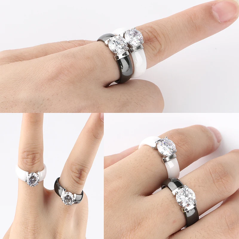 New Fashion Ceramic Jewelry Sets Big Crystal Carat Ring &amp Earrings for Women Black White Wedding Engagement |