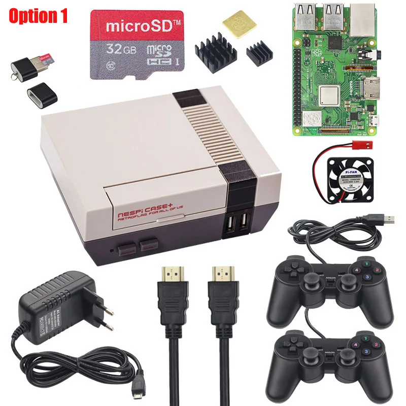 Option 1 Игровой Комплект Raspberry Pi 3 Model B Plus+ блок питания+ sd-карта 32 ГБ+ кабель HDMI+ теплоотвод+ чехол NESPi Retropie 3B Plus - Цвет: Option 1