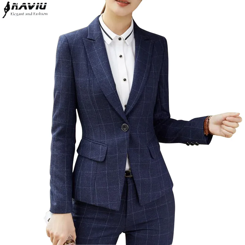 Naviu Модные женские костюмы из двух частей формальные бизнес с длинным рукавом Тонкий Блейзер И Брюки Офисные дамские размера плюс Рабочая одежда