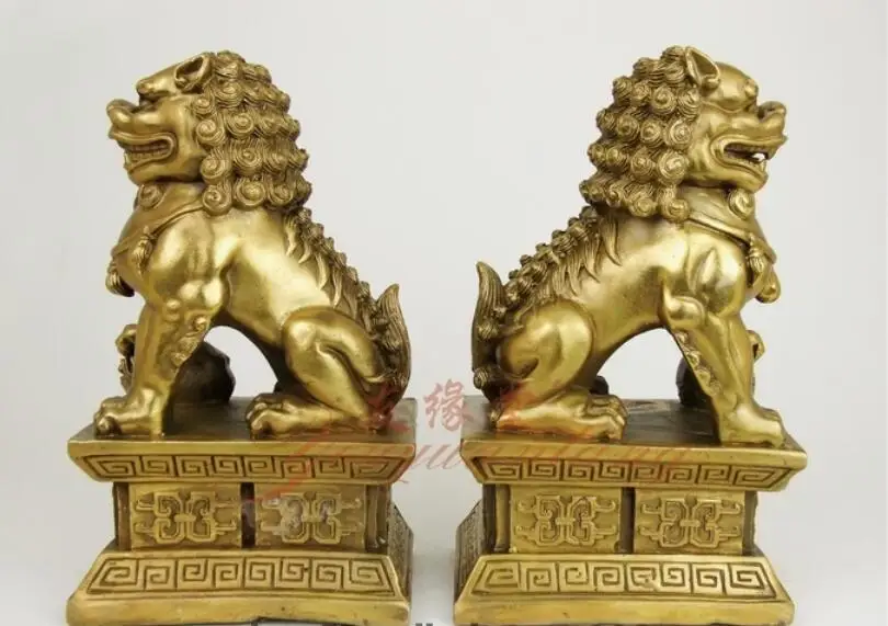 Китайский фэн-шуй Pure Brass Bei Jing Fu Foo Fog Лев дворец дверь Статуя Пара | Дом и сад