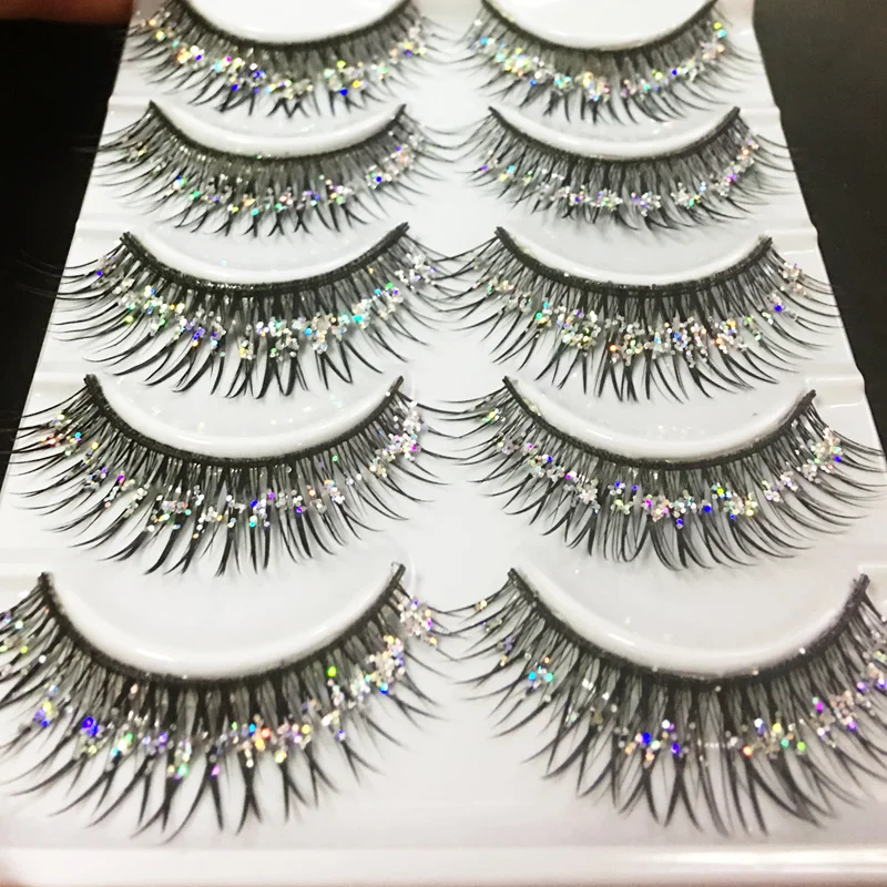 YOKPN Handmade False Eyelashes Silver Glitter Thick Fake Eyelashes Beauty Makeup Stage Performance Latin Lashes 5 Pairs1 Box