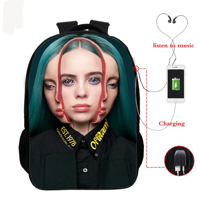 kids backpack Billie Eilish, 16 дюймов, рюкзаки для мальчиков и девочек, школьные рюкзаки, Студенческая сумка для книг, детские сумки, Usb зарядка, Sac A Dos - Цвет: kids backpack