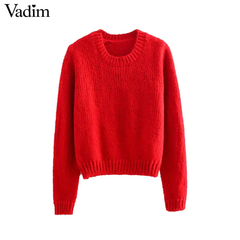 Vadim Женские базовые короткие свитера с длинным рукавом круглым вырезом