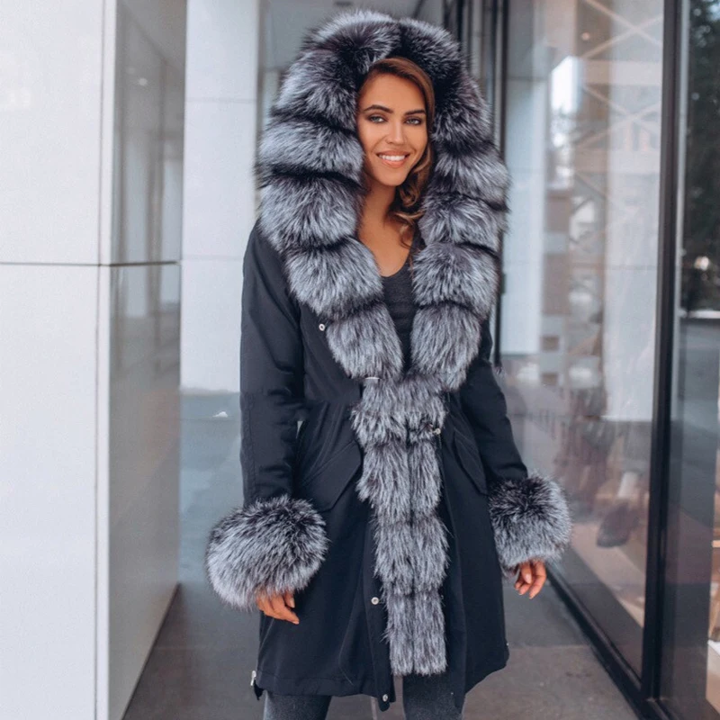 Real Fox Fur Collar Coat Coat Thick Leather Coat Natural Camouflage Winter Jacket Zipper Women'S Ladies Winter Heavy Coat Slim07