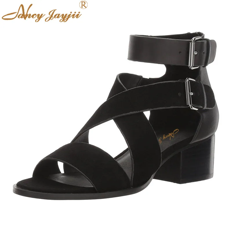 

Black Flock Double Buckle Strap Sandals 2021 Summer Women’S Mature Chunky Heels Office Party Casual 16 46 Size Shoes For Woman